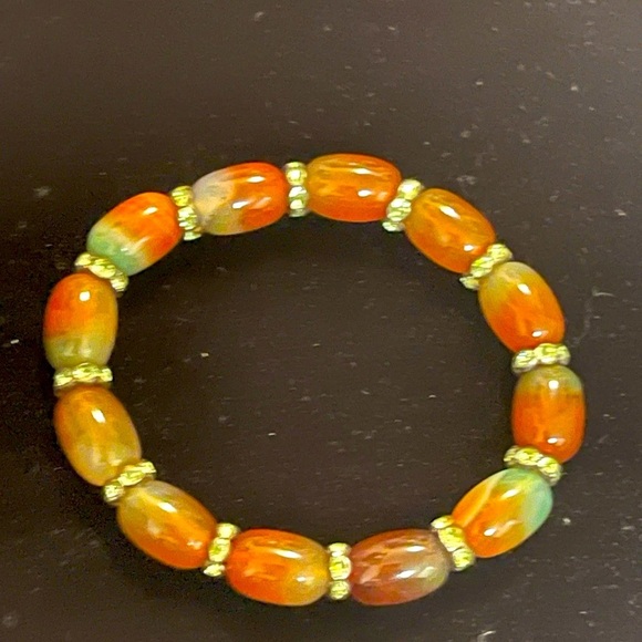 Oval Peacock Agate Stone & Silverstone Spacer Bead Stretch Bracelet Gemstone - Picture 2 of 4